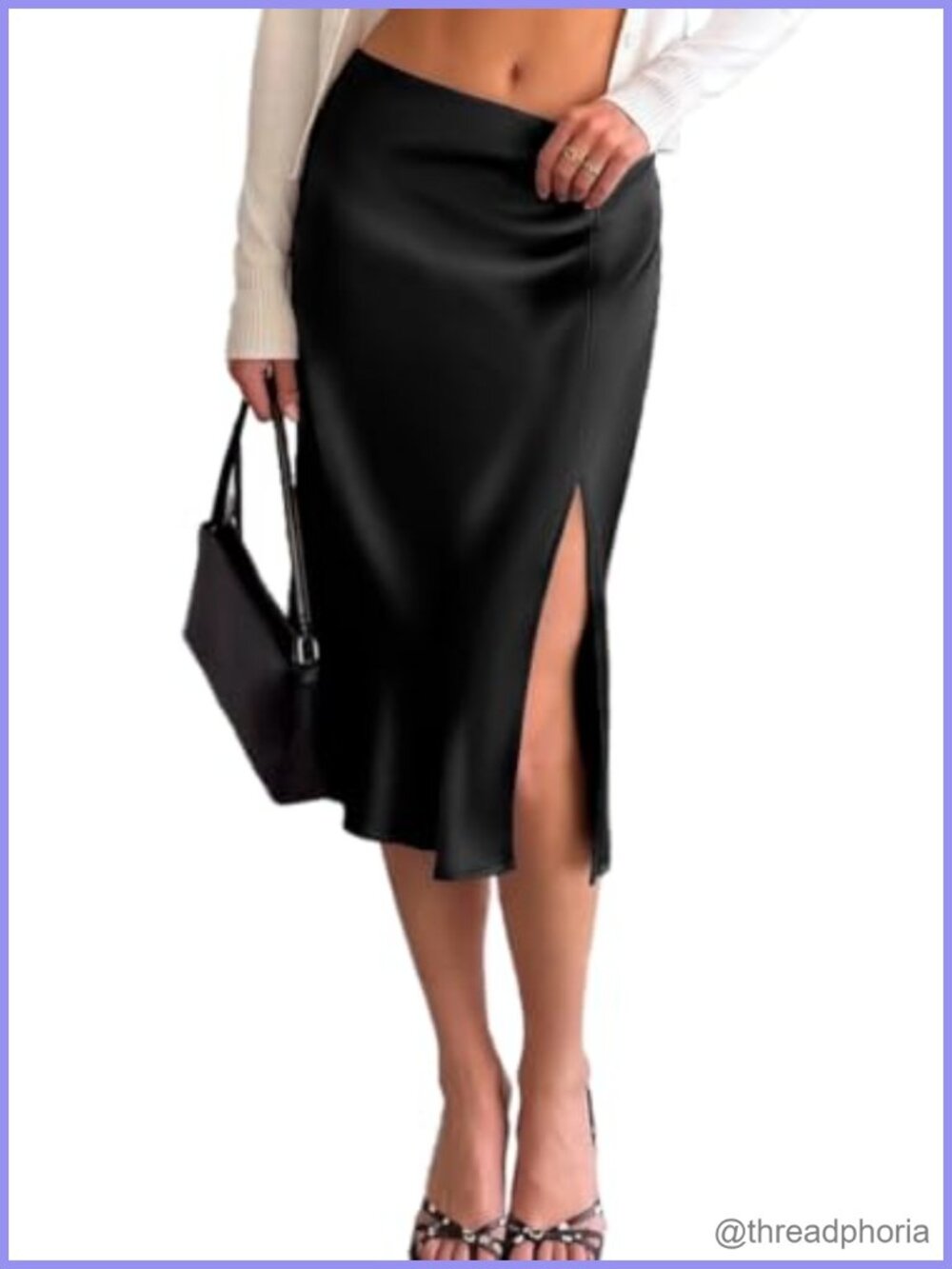 Satin Midi Skirt with Side Slit and High Waist A-Line Silhouette